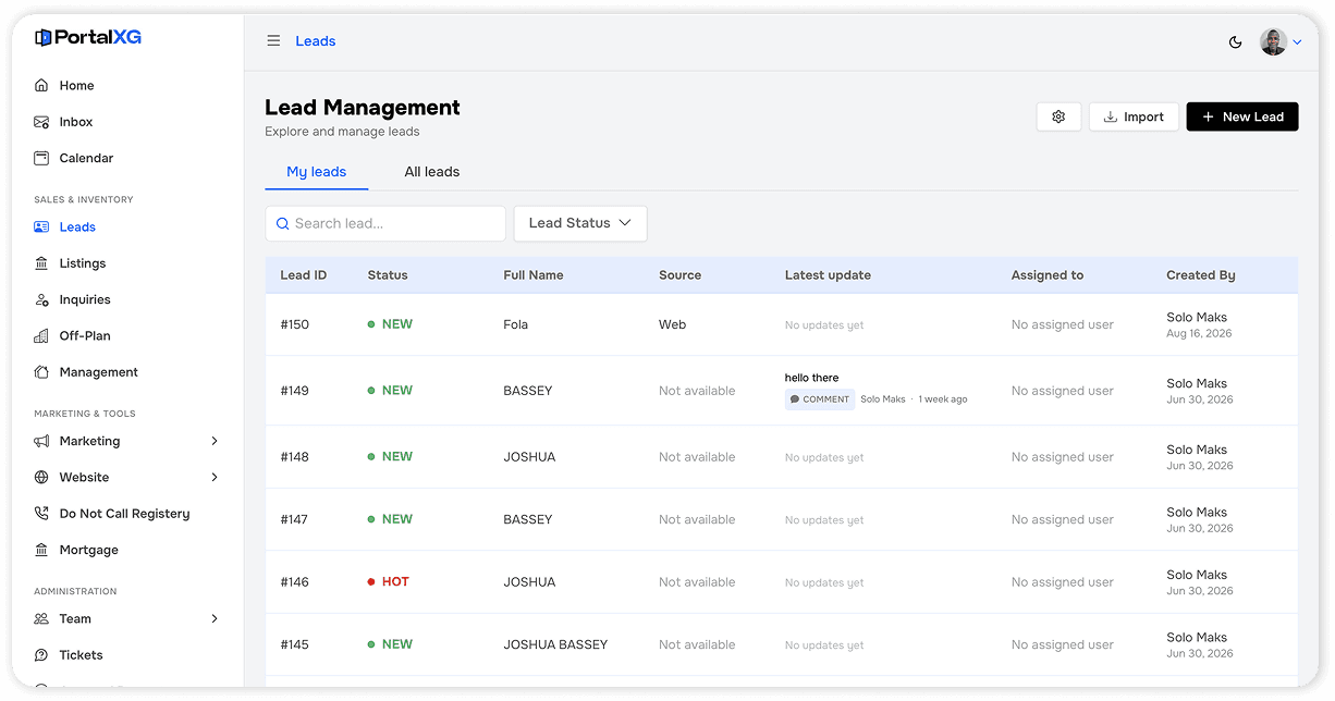 PortalXG lead management dashboard